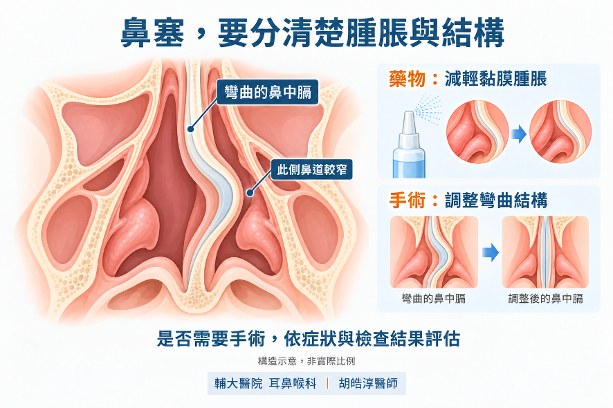鼻中膈彎曲示意:藥物改善黏膜腫脹,手術調整鼻中膈結構